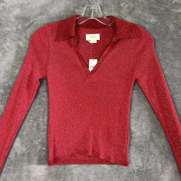 Maeve Anthropologie Blouse Womens XS Red Sparkle Cropped Holiday NWT - Picture 2 of 10